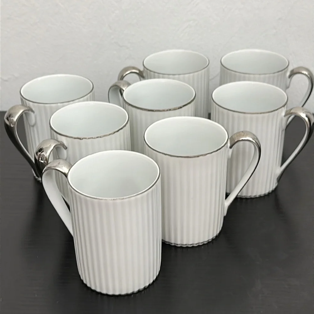 8 Vintage Ucagco White Ribbed Porcelain Silver Trim Demitasse Tea Cups